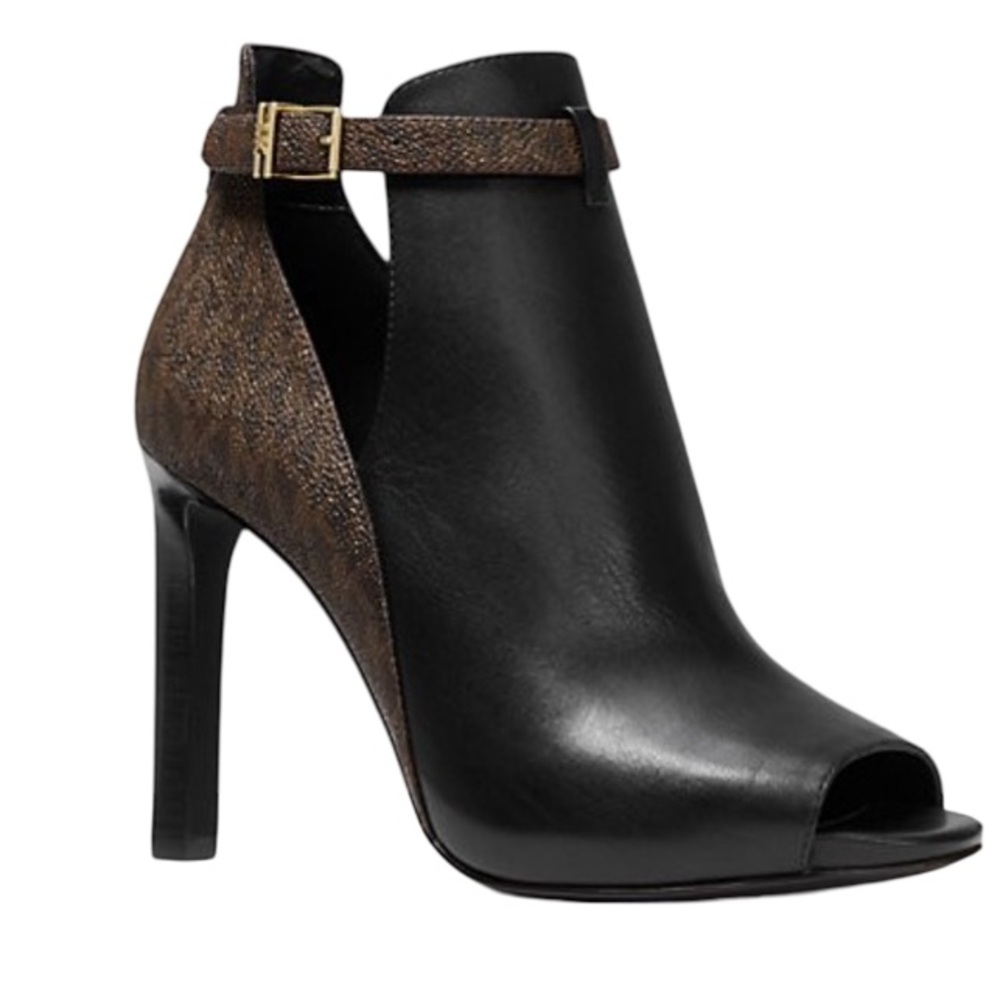 Michael Kors Monogram Booties Lawson Leather Open Toe Boot Black Brown 9.5 $198 - Picture 4 of 7